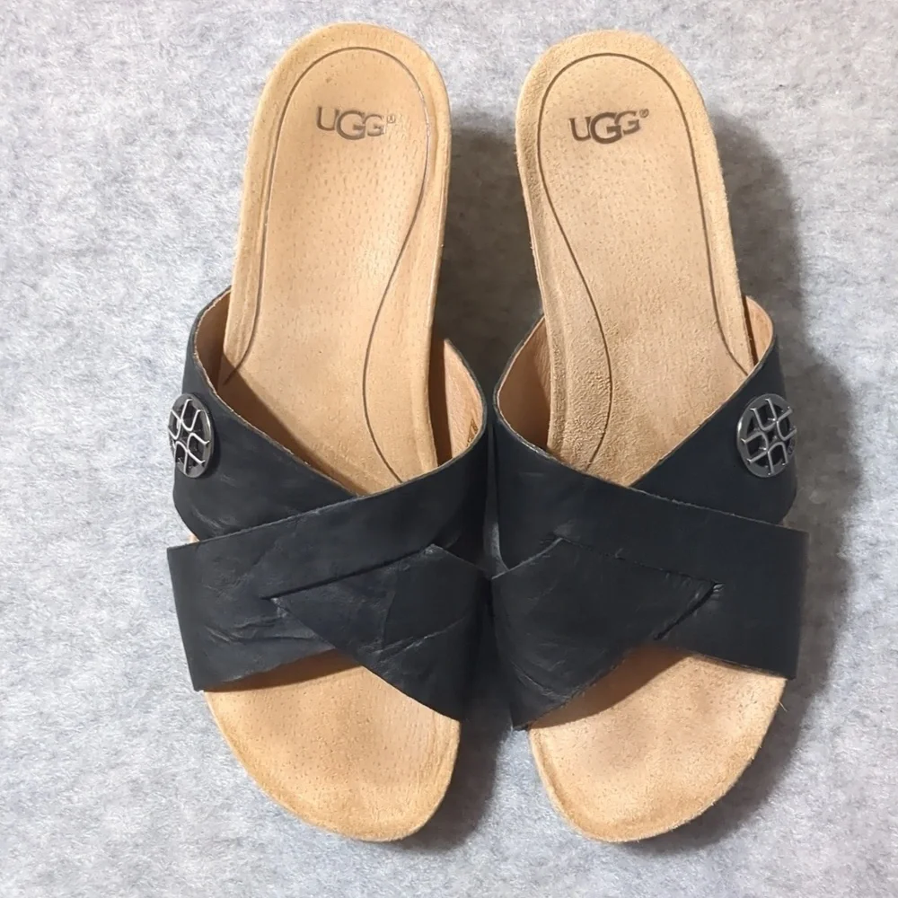 UGG Lyra Cross Cork Wedge Black Leather Sandals Size 8 - Picture 7 of 11
